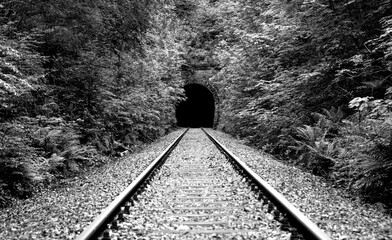 Tunnel on an abandoned railway line in the Sauerland region. Symmetrical worm's-eye view in...