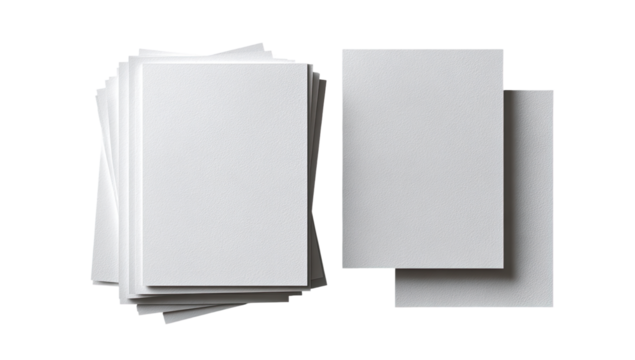 Blank white papers stacked. Two separate stacks of  blank white paper sheets, vertically oriented, are arranged side by side.  The paper is smooth and shows no texture or markings
