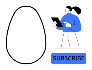 Woman holding tablet and pointing at subscription button next to empty oval frame. Ideal for technology, subscription, customer journey, user interface, marketing, promotion, simple landing page