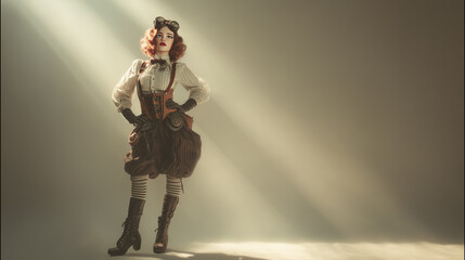 A person standing confidently with hands on hips, wearing a steampunk outfit including goggles, a corset, high boots, and striped leggings, illuminated by dramatic lighting.