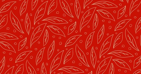 4K background of hand-drawn leaves and berries on a bold red background. Elegant botanical design perfect for fabric, packaging, and wallpaper.