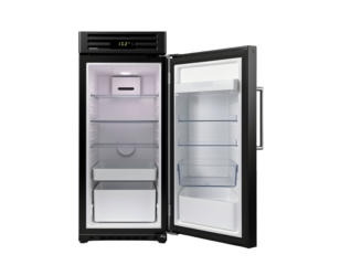 Open RV Refrigerator Interior View with Shelves and LED Display