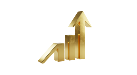 Polished gold upward geometric arrow sculpture, sharp edges, reflective surface, on transparent studio surface, white backdrop. Concept of growth and prosperity
