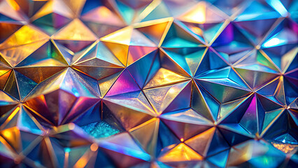 Abstract geometric pattern with iridescent holographic shimmer and vibrant rainbow colors creating a dazzling and futuristic textured background