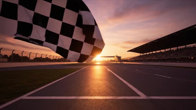 Finish line at a race track with checkered flag and empty stands at sunset