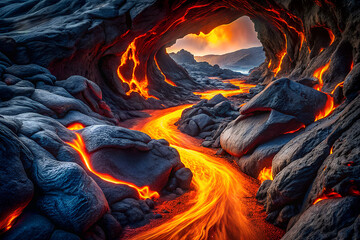 A dramatic natural landscape featuring a flowing river of molten lava carving its path through a dark rocky cavern with glowing embers and fiery light illuminating the scene