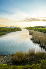 Fototapeta premium View of the canal in Calais. Landscape in the evening. 