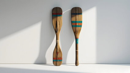 Sport Equipment Two wooden paddles with vintage paint accents, standing upright against seamless white background, shadows added for dimensional depth (4)