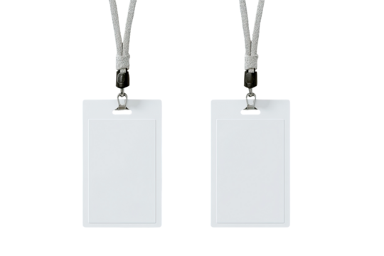 Two blank white ID badges hanging by light gray lanyards - Powered by Adobe