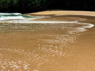 Morning sunlight warms a tropical beach where gentle waves roll onto the wet sand