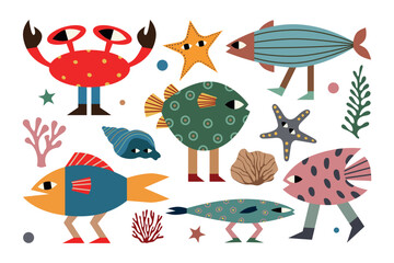 Bright and playful sea creatures in a colorful vector illustration. Unique artistic depictions of fish, crab, and starfish create an engaging underwater marine scene