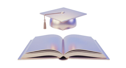 Isolated 3D Render of a Shimmering Metallic Graduation Cap and an Open Book, Symbolizing Education, Learning, and Academic Achievement