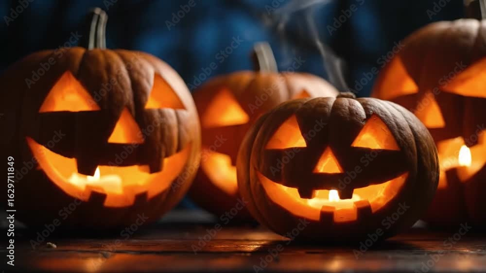Poster four lit jackolanterns with triangle eyes and jagged mouths sit on a surface in a dark setting