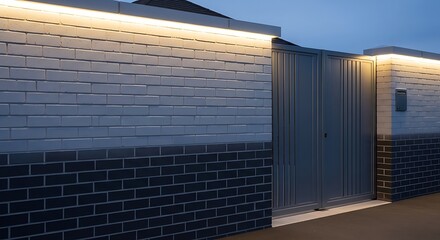 Illuminated brick wall and metal gate exterior design architecture property fence