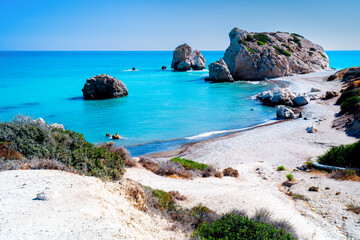 Petra tou Romiou (Aphrodite's Rock), Kouklia. View of the beach with Aphrodite's Rock, a famous landmark in Paphos, Cyprus.
