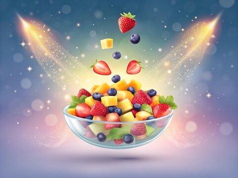 Fruit Salad Ingredients Falling into Glass Bowl with Sparkling Light Effects strawberries