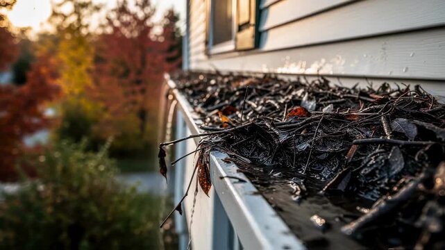 Residential gutter clogged with organic matter emphasizing maintenance need during fall.