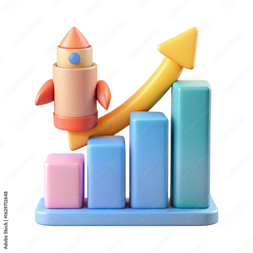 Poster rocket launch on growth chart isolated on transparent background