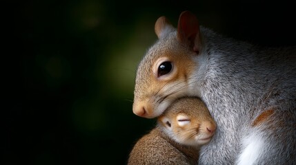 Obraz premium A close-up image of a squirrel and its baby cuddling affectionately. The soft fur and warm embrace create a cozy and tender moment. Ideal for nature and wildlife enthusiasts. AI