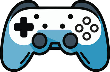 A blue and white controller with a black cross on the left side