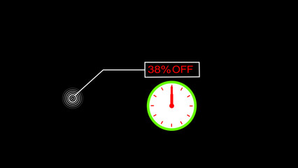 38 percent off discount offer icon illustration. clock and black background. creating a stunning 4k illustration.