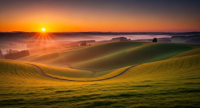 Golden sunrise illuminates rolling hills with misty valleys and winding path