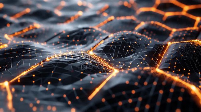 The abstract motherboard of server is processing the data, Circuit board futuristic server code processing. Orange digital links on black background