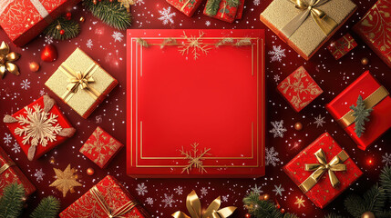 Festive 3D Christmas composition with gift boxes, snowflakes, red and gold background and copy space for winter promotions and holiday advertising banners