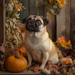 Pug sitting beside a tiny pumpkin patch, autumn-themed setting, rustic and charming, UHD 8K 