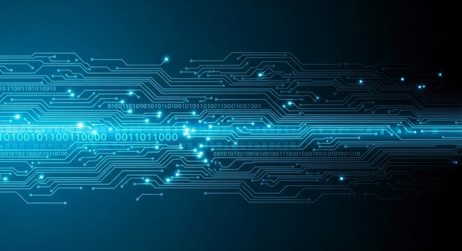 Abstract circuitry background featuring binary code and interconnected lines
