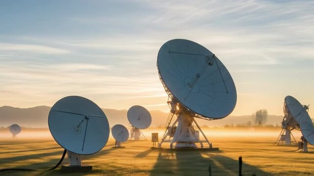 Sunrise Satellite Dish Array &mdash; Ground Station Communications Infrastructure (No Logos, No People)