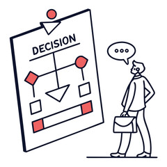 Businessman analyzing a decision flowchart on a clipboard with a thought bubble above his head
