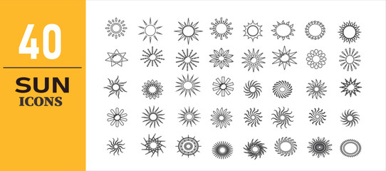 40 Sun Icons – Line Art Set of Sunshine, Weather, and Summer Symbols