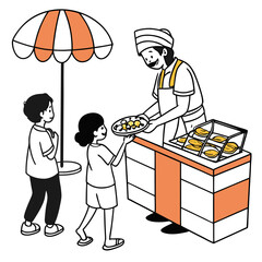 Friendly vendor serves food to children at an outdoor stall under a striped umbrella