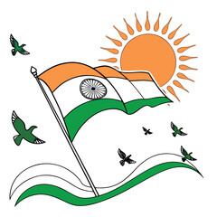 Indian flag waving with birds flying under the sun