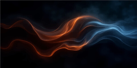 Smooth swirls of red and blue smoke, shaped like flames, flow against a black backdrop