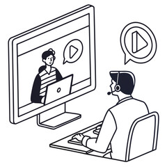 Man with headset watches online video presentation on computer screen