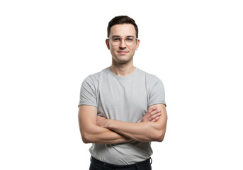 Fototapeta premium Caucasian man, 20s-30s, dark hair, clear glasses, grey t-shirt, dark trousers, arms folded, confident smile, high-key studio on white, copy space. Concept of professional reliability and trust
