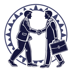 Two businessmen in suits shaking hands in front of a circular gear symbol representing teamwork and partnership
