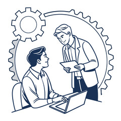 Two businessmen collaborating on a project with gears symbolizing teamwork and efficiency