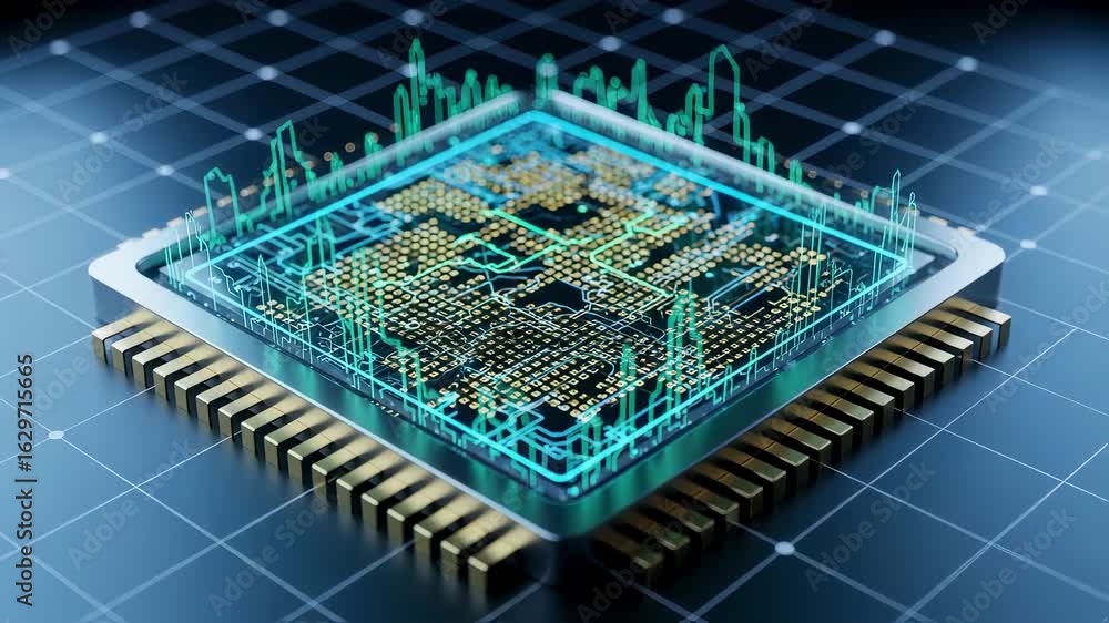 Poster scifi style processor chip with neon digital network overlay and scientific grid background.