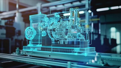 Holographic Turbine Engine in High-tech Factory. Augmented Reality Display Shows Intricate 3d Model, Design and Analysis Processes for Advanced Manufacturing Innovation. - Powered by Adobe