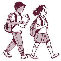 Two smiling students with backpacks walking and reading a book together