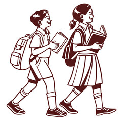 Two happy schoolchildren a boy and a girl walking together with backpacks and books