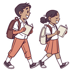 Two smiling children with backpacks and books walking together on a white background