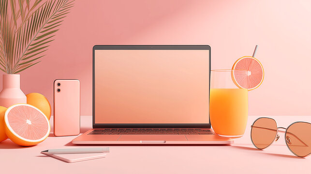A bright workspace scene featuring a laptop, smartphone, sunglasses, and citrus juice on a pastel pink desk, offering a fresh summer vibe and ample copy space for creative design.