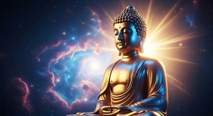 Obraz premium Serene golden buddha statue meditating amidst a vibrant cosmic nebula and radiant light