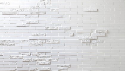 Fototapeta premium Panoramic white brick wall seamless background with light concrete texture and horizontal tile layout.