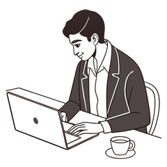 Young man in a suit working on a laptop with a coffee cup on the table