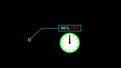 98 percent off discount offer icon illustration. clock and black background. creating a stunning 4k illustration.